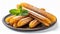 Plate of tasty churros with sugar powder. Traditional Spanish pastry. Delicious dessert