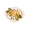 Plate of tasty macaroni. Pasta with greens, onion rings and peas. Appetizing dish for dinner. Flat vector icon with