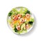 Plate with tasty salad with avocado and shrimps on white background, top view