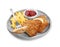 Plate of tasty schnitzels with french fries, ketchup and lemon isolated on white