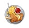 Plate of tasty schnitzels with french fries, ketchup and lemon isolated on white, top view