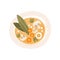 Plate of tasty soup with mushrooms and carrot, top view. Appetizing dish. Flat vector icon with texture