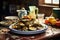 a plate of untouched grilled vegetables beside a stack of dirty dishes