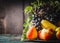 Plate with various harvesting fruits and vegetables: apple, corn, pear and grapes on rustic kitchen table