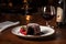 plate of warm chocolate lava cake paired with glass of port