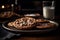 Plate of warm and gooey chocolate chip cookies with chocolate crumbs. AI generated.