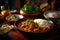 A plate of white rice and Rogan Josh Indian lamb curry Generative AI