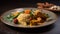 Plated Indian Curry Chicken with Rice and Vegetables