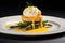 plated poached egg with hollandaise sauce and asparagus