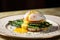 plated poached egg with hollandaise sauce and asparagus