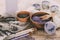 Plates with dried lavender and bathroom salt, candles