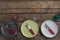 Plates with fork, butter knife and glass on wooden table