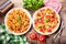 Plates of italian food. Pasta bolognese and ravioli with tomato