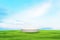 Platform podium or display summer meadow, lawn, on the mountain verdant and blue sky stand advertising grassy green fresh on hill.