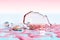 Platform and podium rose gold beach pink water blue pastel display advertisement Showcase cute sweet background baby concept.