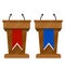 Platform for political debates and discussions. Pedestal with colored flags for the lecturer and the President