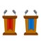 Platform for political debates and discussions. Pedestal with colored flags for the lecturer and President