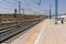 The platform and the tracks of Antequera - Santa Ana railway station in Antequera, Malaga, Andalusia Andalucia, Spain.