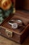 A platinum diamond ring is in a jewelry box, the concept of luxury