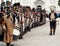 Platoon of French fusilier from the Napoleonic army lined up in front of their commander during the reenactment in the town