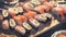 A platter of assorted sushi rolls, captured in a dynamic diagonal shot manga cartoon style by AI generated