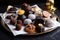platter of assorted truffles, surrounded by delicate pastries