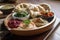 platter of assorted vegan delights: hummus, baba ghanoush, dolmeh and pita