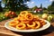 A platter of crispy onion rings. Generative AI