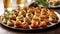 Platter of delicate puff pastry hors d\\\'oeuvres, filled with creamy cheese, smoked salmon, and roasted vegetables