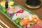 Platter with different types of nigirizushi, nigiri with different fish