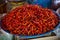 Platter of dried red chilies at the market