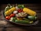 A platter filled with assorted vegetables on top of a wooden table. AI generative image