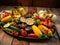 A platter filled with assorted vegetables on a wooden table. AI generative image