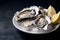 Platter of fresh oysters on crushed ice served with lemons. Selective focus of fresh oysters closeup, generative AI