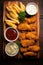 Platter of Fried Chicken, French Fries, and Dips