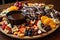 a platter of fruits and nuts drizzled with chocolate, ready to be served