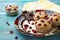 Platter of homemade vegan pumpkin muffins with chocolate and dried cherries