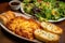 platter with lasagna, garlic bread, and garden salad