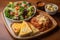 platter with lasagna, garlic bread, and garden salad