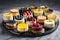 platter of mini cheesecakes in various flavors and colors