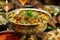 A platter showcasing a generous assortment of rice, meat, and veggies, Halal food served in a traditional Arabian brass dish, AI