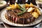 A platter of sizzling grilled steak garnished with rosemary sprigs, situated next to a heap of golden goodness