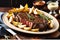 A platter of sizzling grilled steak garnished with rosemary sprigs, situated next to a heap of golden goodness