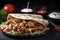 A platter of spicy chicken shawarma is served with fluffy pita bread and flavorful sauces. (Generative AI)