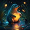 Platypus hugging heart Little penguin with a duckling in the water. 3d rendering AI Generated animal ai