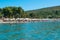 Plavi Horizonti beach. Summer sunny landscape. Radovici. Tivat bay. One of most beautiful beaches in Montenegro