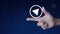 Play button flat icon on finger over fantasy night sky and moon, Business music online concept