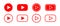 Play button icons. Vector red video player symbols. Flat movie, live social media arrow logos for web isolated. Watch, music,