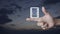 Play button with movie flat icon on finger over sunset sky, Business cinema online concept
