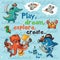 Play, dream, explore, create. Pirate illustration with crocodile, octopus, shark